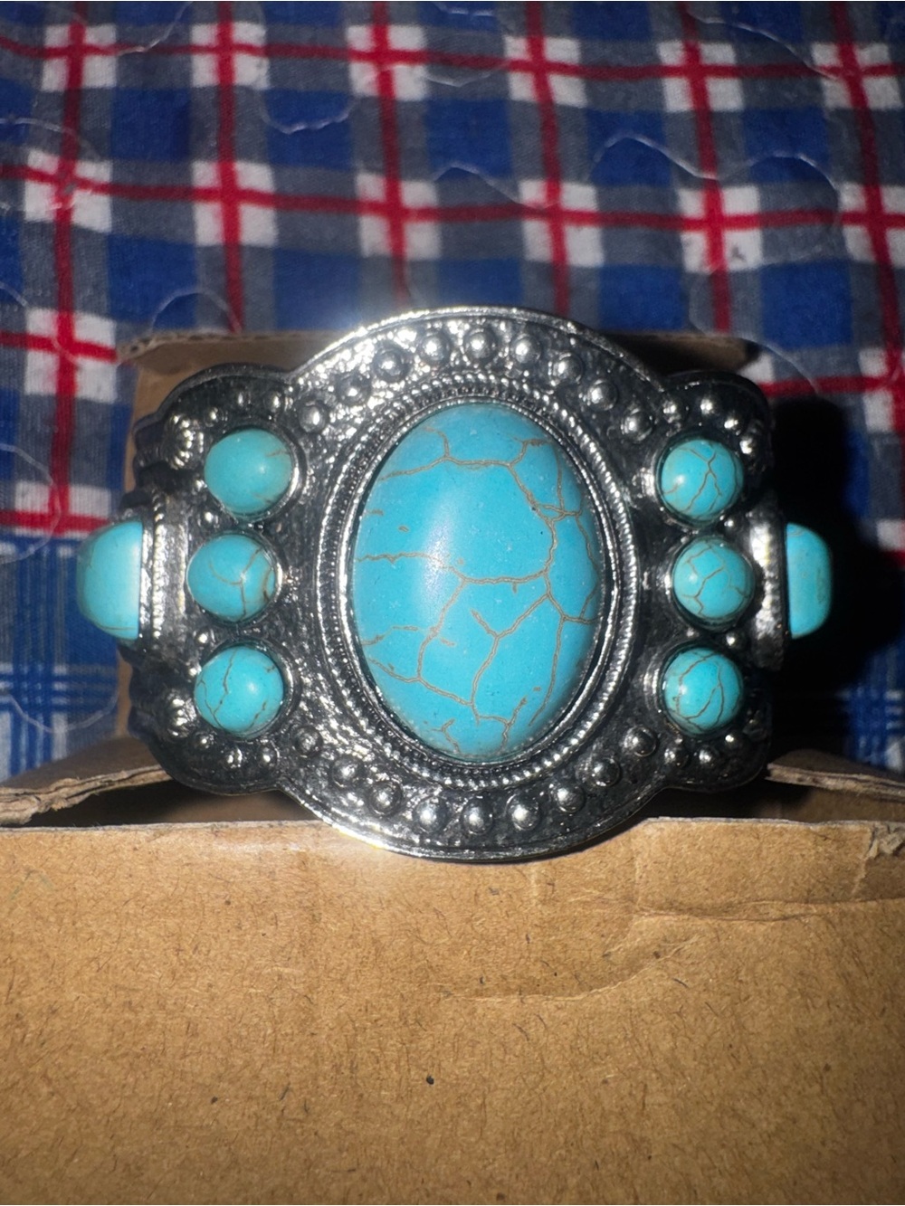 Turquoise-Center Silver-Tone Cuff Bracelet - Blue Turquoise